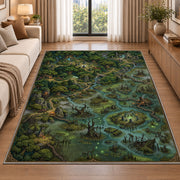Enchanted swamp map rug with green marsh islands and winding blue waterways in a living room beside a sofa