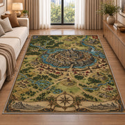 Medieval walled city map rug with surrounding rivers, roads, and compass in a living room beside a sofa