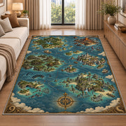 Fantasy archipelago map rug with blue ocean, castle islands, and sailing vessels in a living room beside a sofa