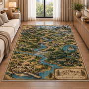 Fantasy trade route map rug with winding rivers, bridges, and woodland towns in a living room beside a sofa