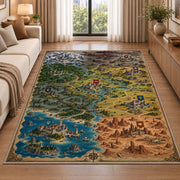Fantasy campaign map rug with colorful kingdoms, flags, castles, and coastal terrain in a living room beside a sofa
