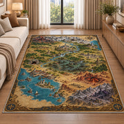 Fantasy coastal world map rug with harbor, desert, mountain ranges, and compass in a living room beside a sofa