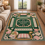 Green and pink mahjong night rug in a living room beside a sofa
