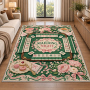 Pink Rose Mahjong Night Rug for Game Room Decor in a living room beside a sofa
