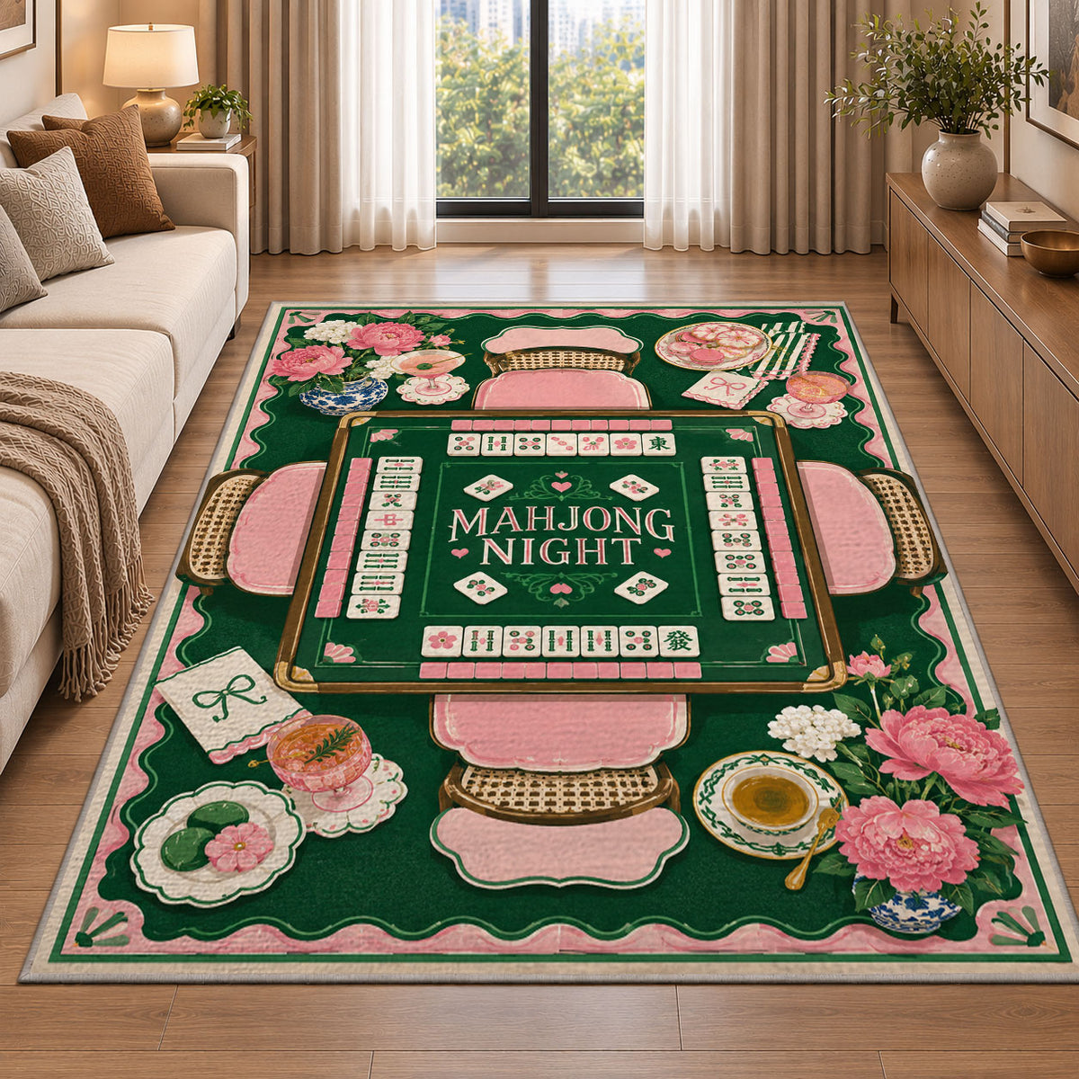 Green Mahjong Table Rug with Pink Floral Tea Details in a living room beside a sofa