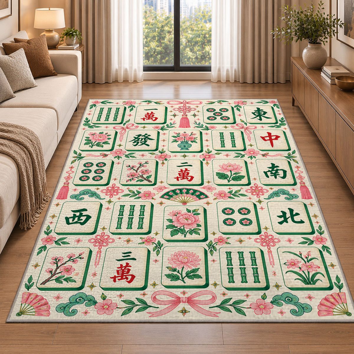 Cream Mahjong Tile Rug with Pink Floral Border in a living room beside a sofa
