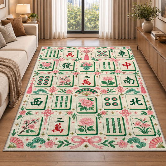 Cream Mahjong Tile Rug with Pink Floral Border in a living room beside a sofa