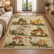 Vintage forest forager mushroom chart rug in a living room beside a sofa
