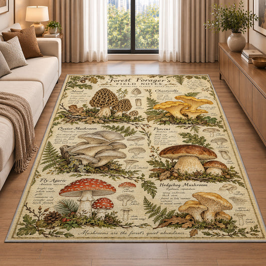 Vintage forest forager mushroom chart rug in a living room beside a sofa