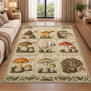 Vintage wild mushroom identification chart rug in a living room beside a sofa
