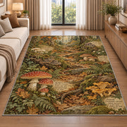 Autumn woodland path with toadstools rug in a living room beside a sofa