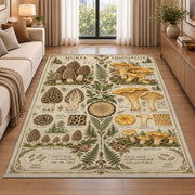 Vintage morel and chanterelle botanical study rug in a living room beside a sofa