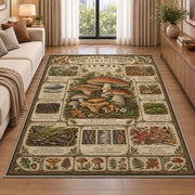 Vintage woodland mushroom almanac rug in a living room beside a sofa