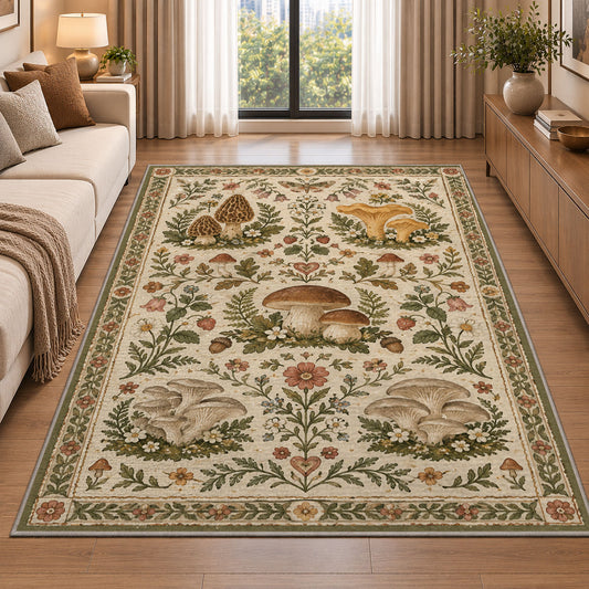 Folk floral mushroom pattern rug in a living room beside a sofa