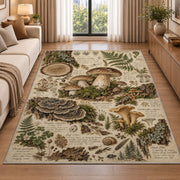 Vintage forest floor naturalist sketch rug in a living room beside a sofa