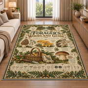 Vintage forager's woodland guide rug in a living room beside a sofa