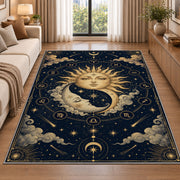 Sun and moon faces celestial rug in a living room beside a sofa