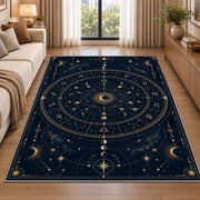 Astrology chart wheel with moon phases rug in a living room beside a sofa