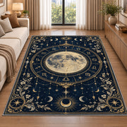Full moon zodiac circle with floral corners rug in a living room beside a sofa