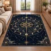 Zodiac compass star with constellations rug in a living room beside a sofa
