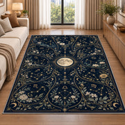 Floral celestial full moon night sky rug in a living room beside a sofa