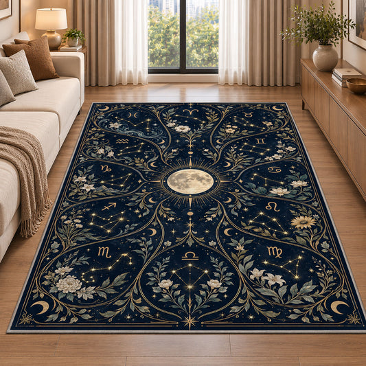 Floral celestial full moon night sky rug in a living room beside a sofa