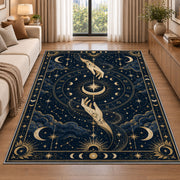 Mystic hands reaching for a crescent moon rug in a living room beside a sofa