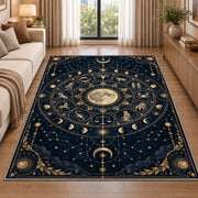 Full moon zodiac signs wheel rug in a living room beside a sofa