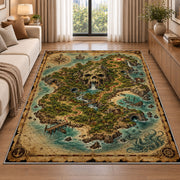 Vintage skull island treasure map rug in a living room beside a sofa
