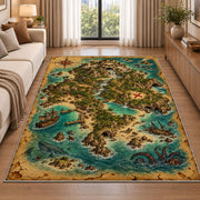 Turquoise treasure island map rug in a living room beside a sofa