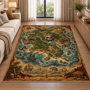 Vintage skull mountain pirate map rug in a living room beside a sofa