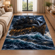 Black pirate ship in a stormy sea rug in a living room beside a sofa