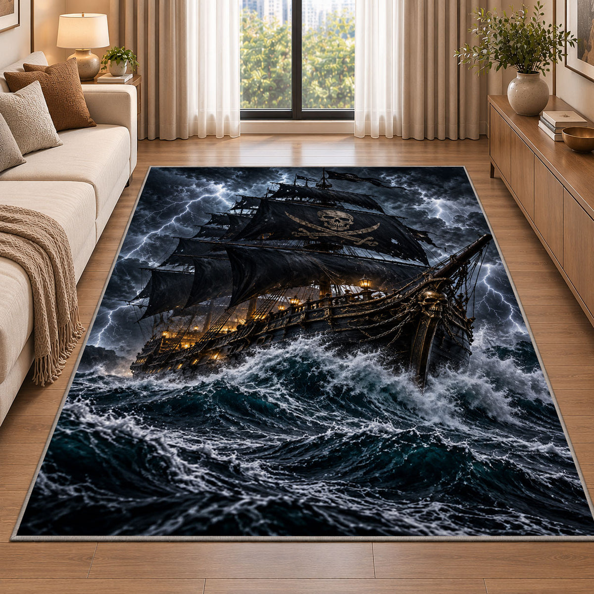 Lantern-lit pirate galleon in a lightning storm rug in a living room beside a sofa