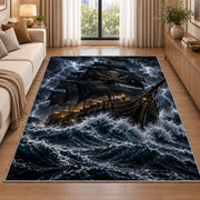 Lantern-lit pirate galleon in a lightning storm rug in a living room beside a sofa