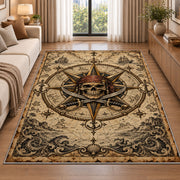 Pirate skull compass rose with crossed swords rug in a living room beside a sofa