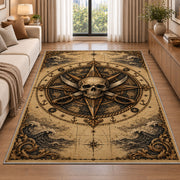 Sepia skull compass with crossed cutlasses rug in a living room beside a sofa