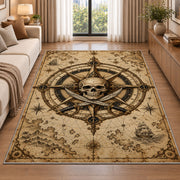 Light parchment skull nautical chart rug in a living room beside a sofa