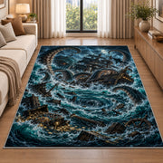 Kraken whirlpool shipwreck rug in a living room beside a sofa