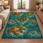 Pirate archipelago map with volcano and skull island rug in a living room beside a sofa
