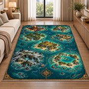 Tropical atoll pirate map rug in a living room beside a sofa