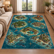 Pirate cove island map with shipwreck and sharks rug in a living room beside a sofa