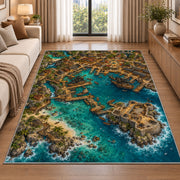 Aerial pirate harbor town with fortress rug in a living room beside a sofa