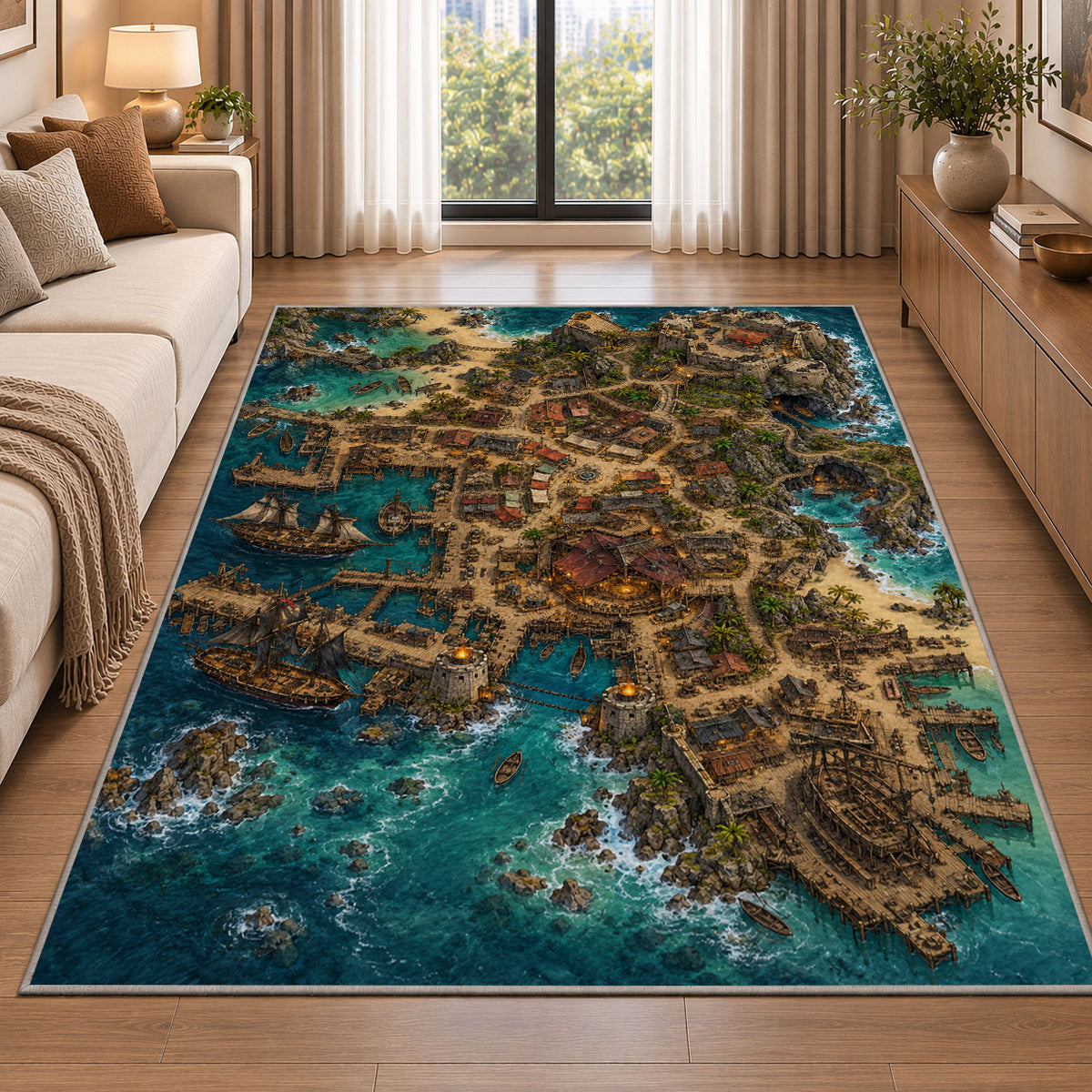 Aerial pirate port city with docks rug in a living room beside a sofa