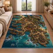 Aerial pirate port city with docks rug in a living room beside a sofa