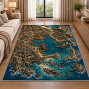 Aerial pirate docks with galleons rug in a living room beside a sofa