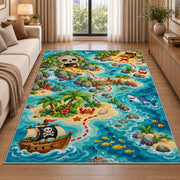 Cartoon kids pirate treasure map rug in a living room beside a sofa
