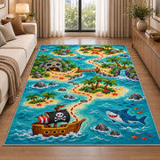 Cartoon pirate adventure island map rug in a living room beside a sofa