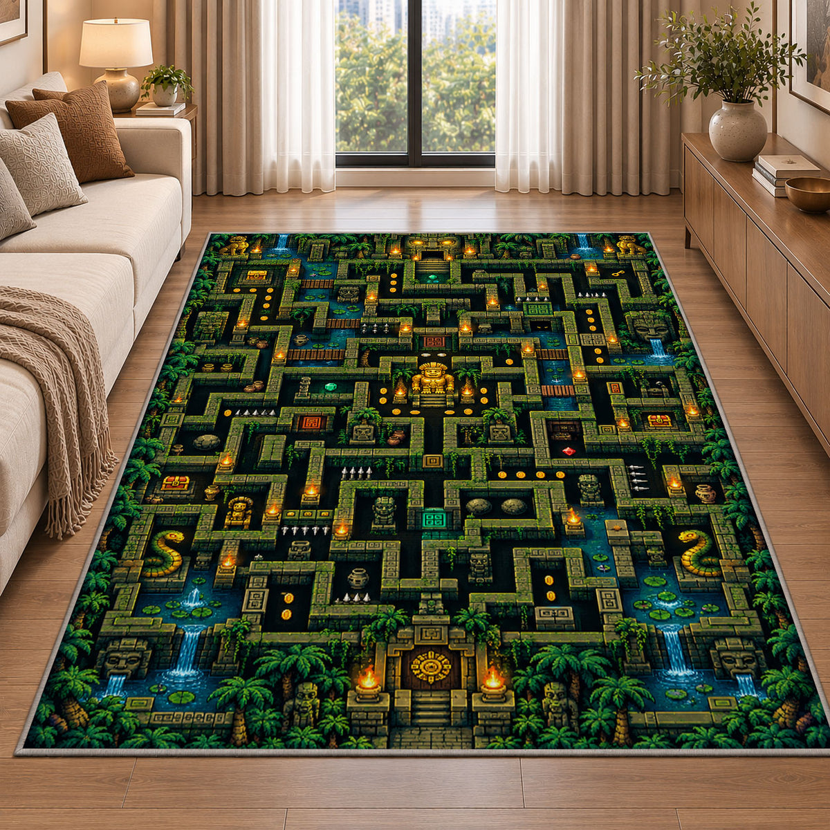 Jungle temple pixel maze rug in a living room beside a sofa