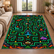 Dinosaur jungle arcade maze rug in a living room beside a sofa