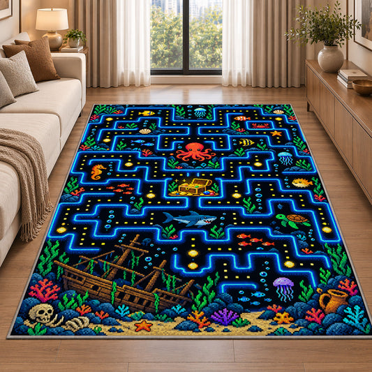 Underwater ocean arcade maze rug in a living room beside a sofa